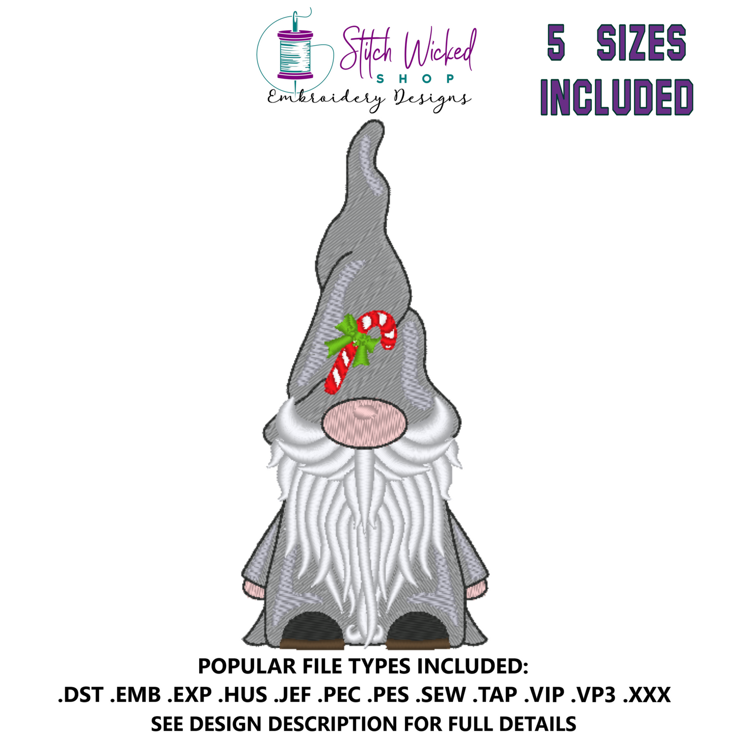 Gnome Machine Embroidery Design, Christmas Gnome with Candy Cane Hat