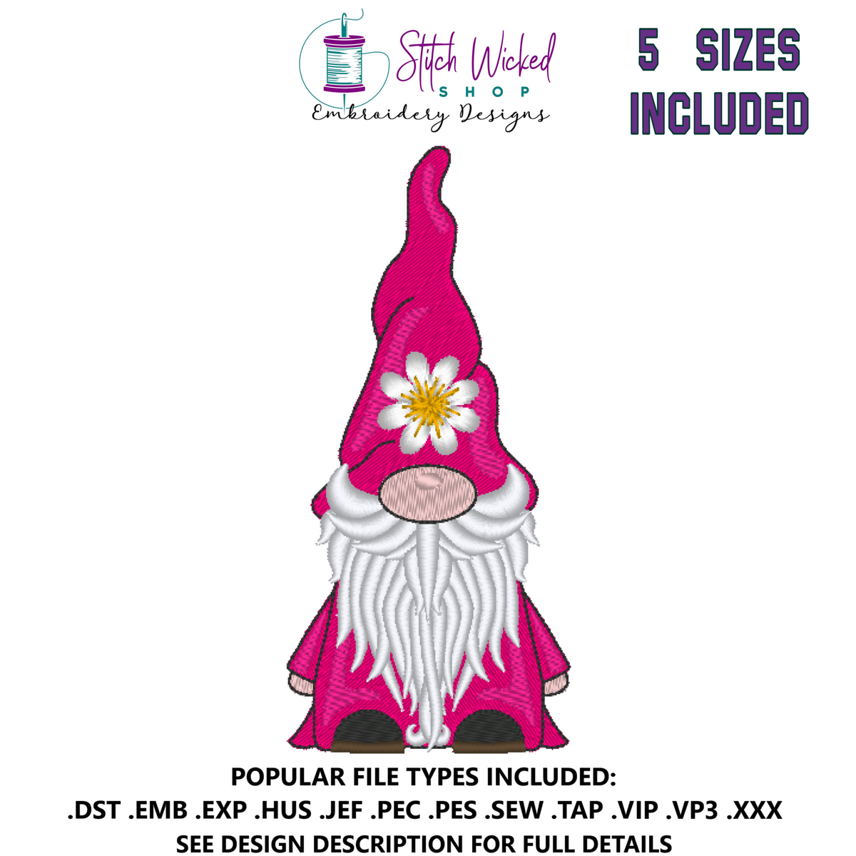 Gnome Machine Embroidery Design, Gnome with Daisy Hat - Stitch Wicked Shop