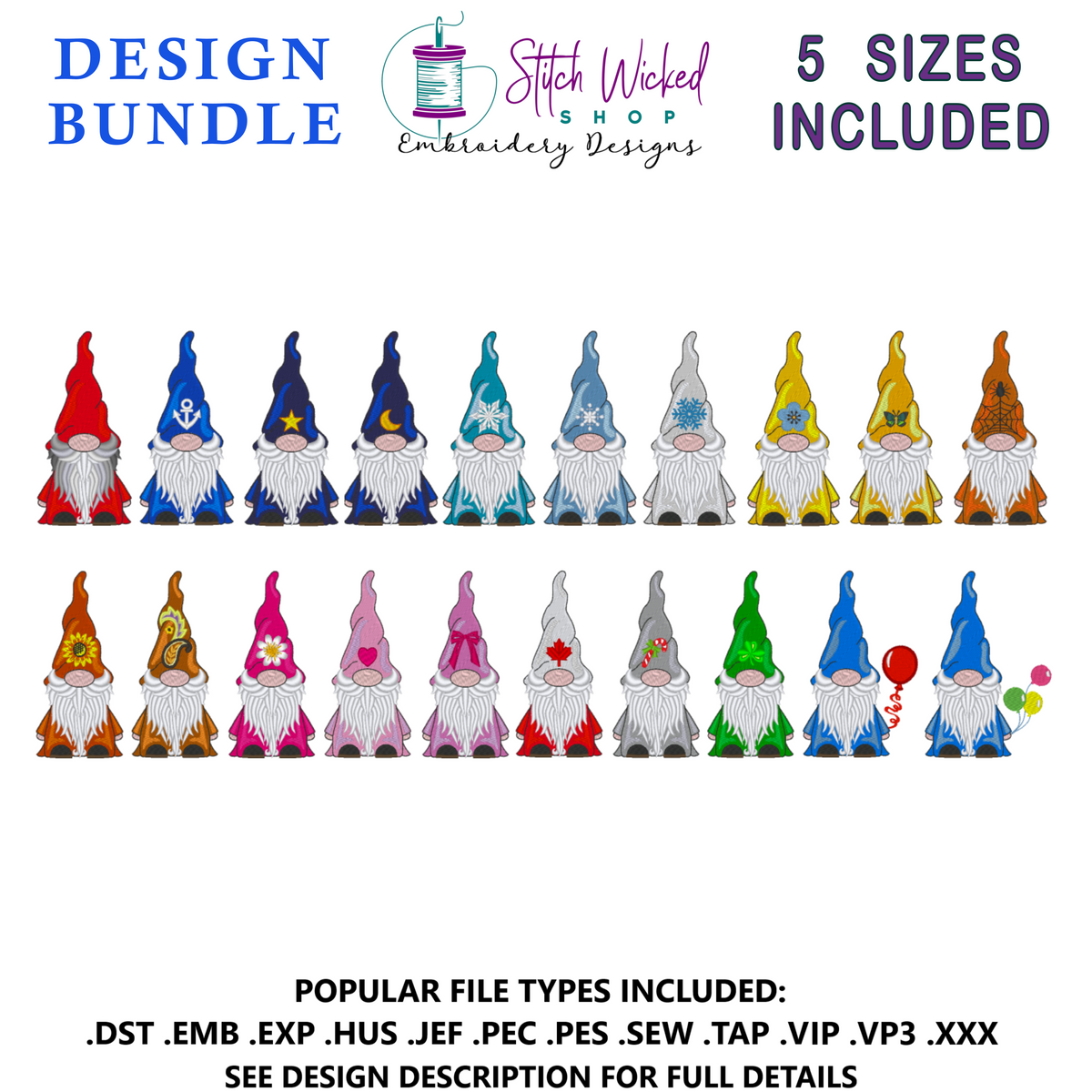 Gnome Machine Embroidery Design Bundle, Full Design Set - Stitch Wicked Shop