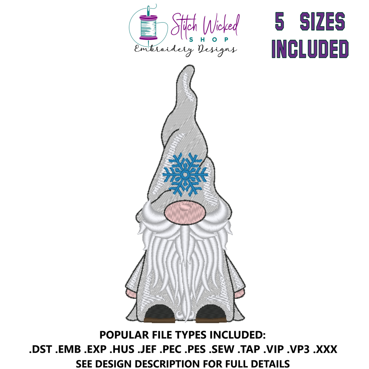 Gnome Machine Embroidery Design, Snowflake Hat 3 - Stitch Wicked Shop