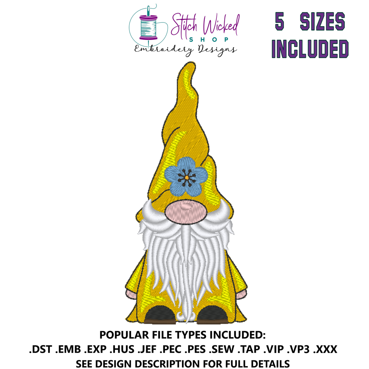Gnome Machine Embroidery Design, Gnome with Flower Hat - Stitch Wicked Shop