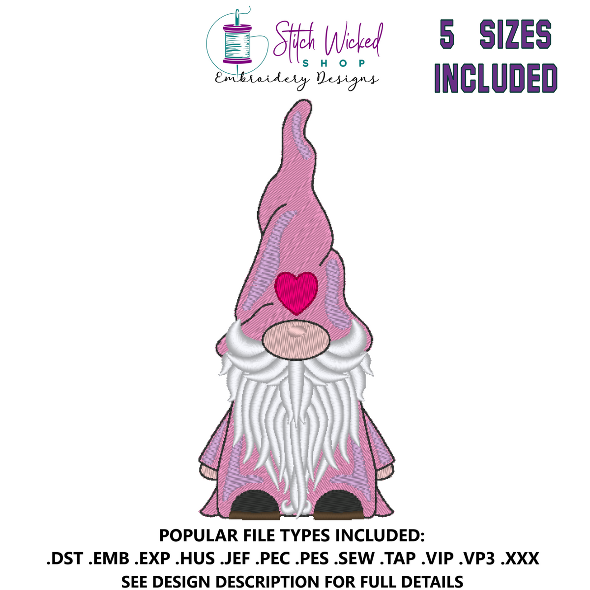 Gnome Machine Embroidery Design, Gnome with Heart Hat - Stitch Wicked Shop