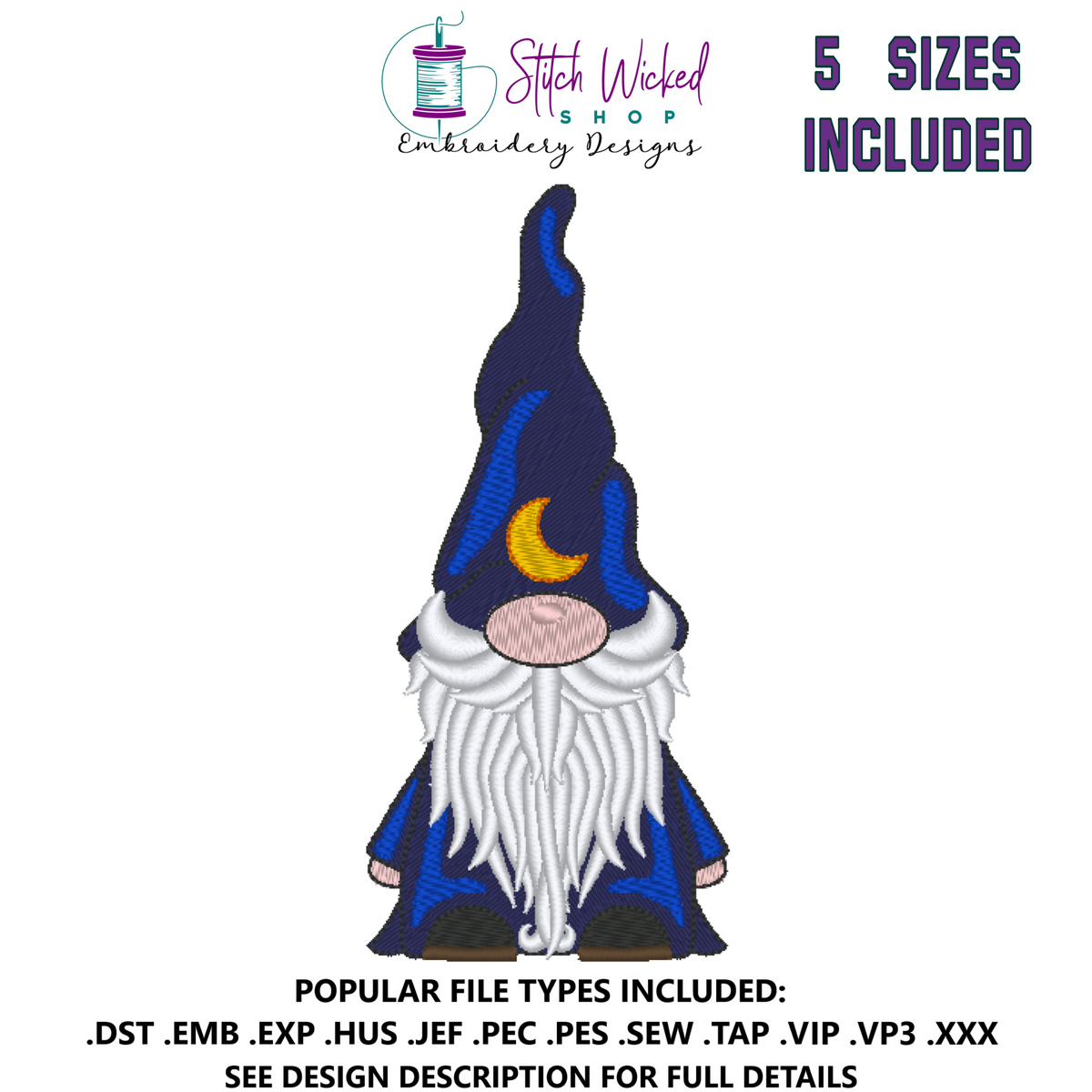 Gnome Machine Embroidery Design, Gnome with Moon Wizard Hat - Stitch Wicked Shop