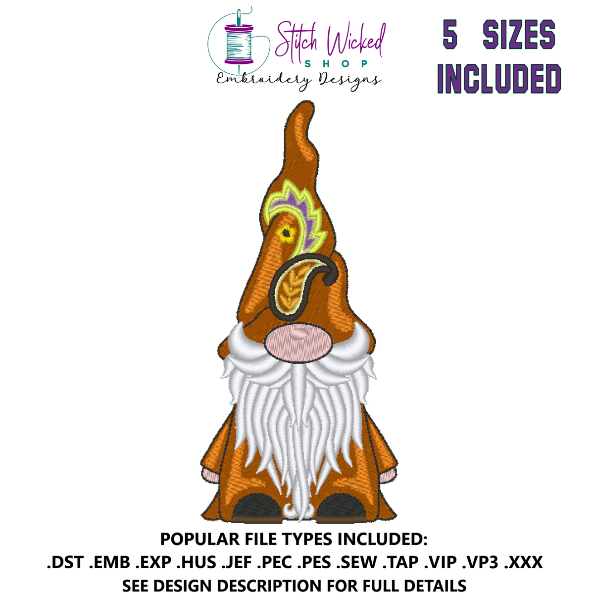 Gnome Machine Embroidery Design, Gnome with Paisley Hat - Stitch Wicked Shop