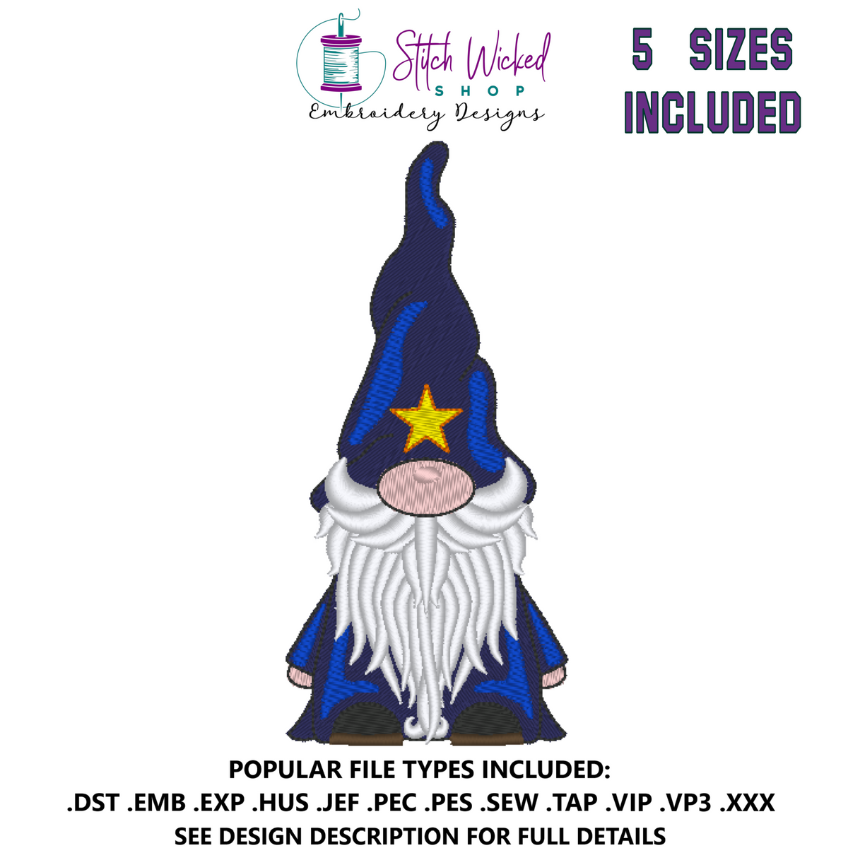 Gnome Machine Embroidery Design, Gnome with Star Wizard Hat - Stitch Wicked Shop