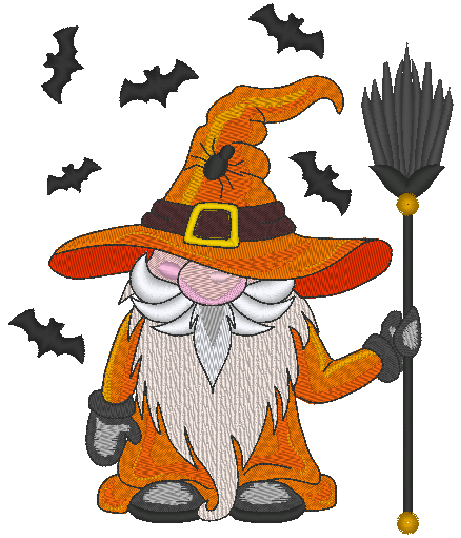 Halloween Gnome Embroidery Design, Fall Gnome With Broom and Bats