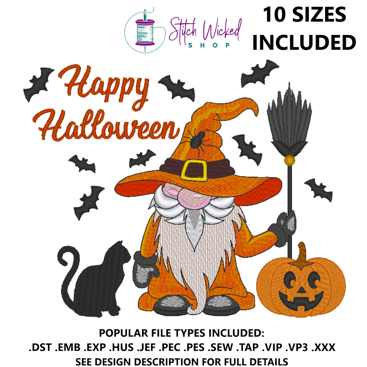 Happy Halloween Gnome Embroidery Design