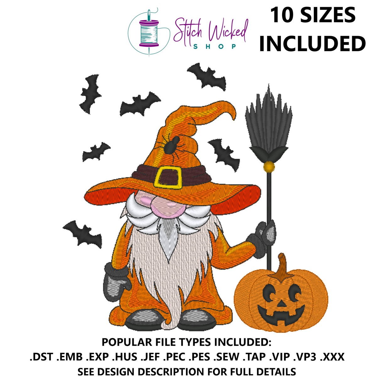 Halloween Gnome Jack O Lantern Embroidery Design