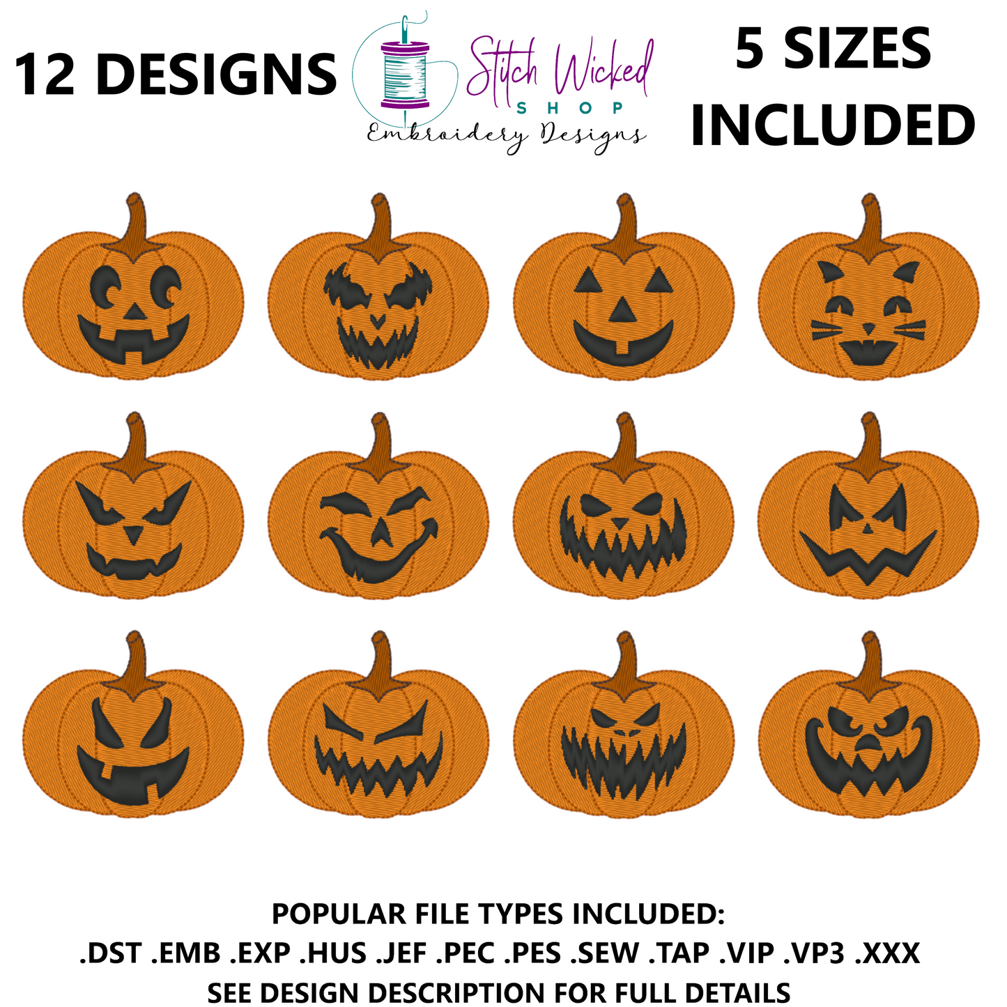Jack O Lantern Machine Embroidery Design Bundle, 12 Days of Pumpkins Spooky Season Design Bundle