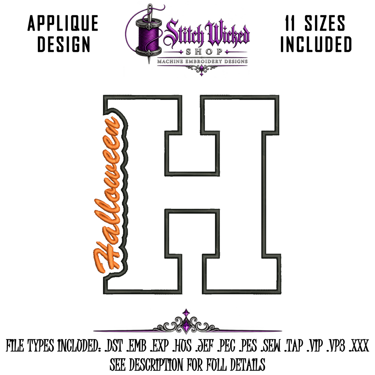 Halloween Varsity Letter H Applique Embroidery Design Bundle, 3 Designs With 11 Sizes