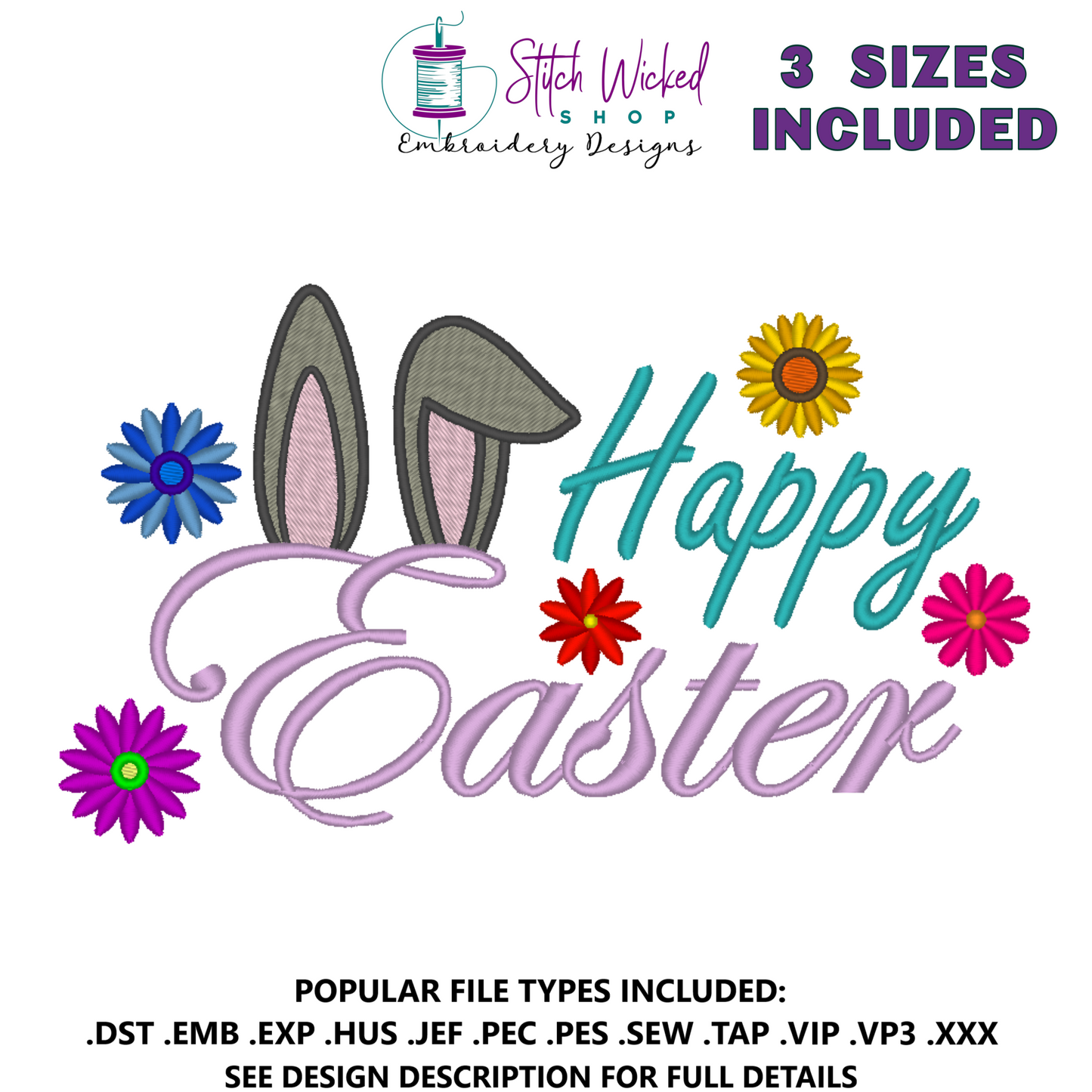 Happy Easter Bunny Ears With Flowers Embroidery Design