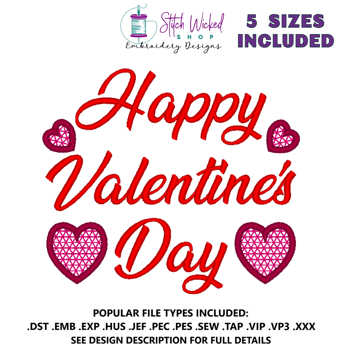 Happy Valentine's Day WIth Hearts Machine Embroidery Design - Stitch Wicked Shop