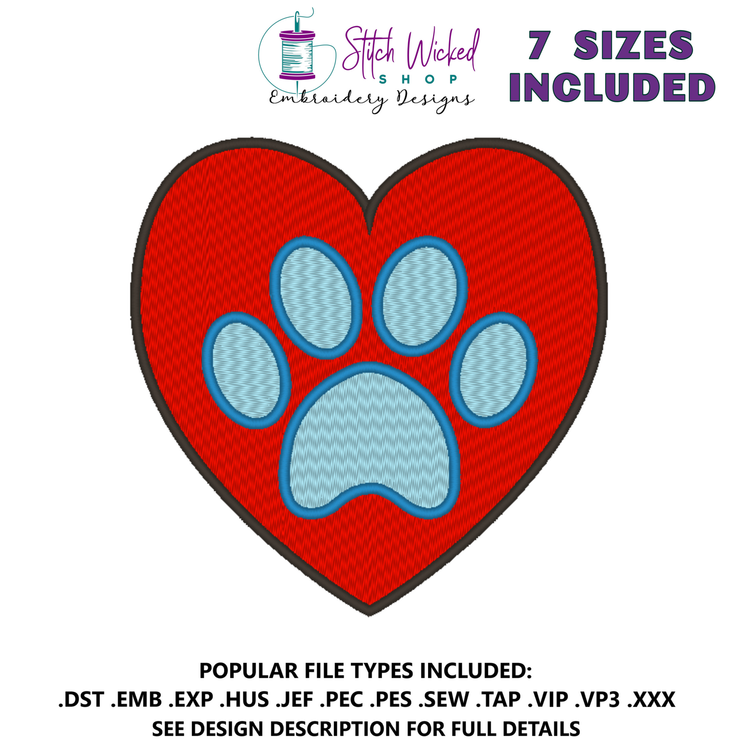 Paw Print Heart Machine Embroidery Design - Stitch Wicked Shop