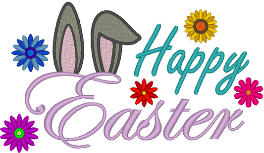 Happy Easter Bunny Ears With Flowers Embroidery Design