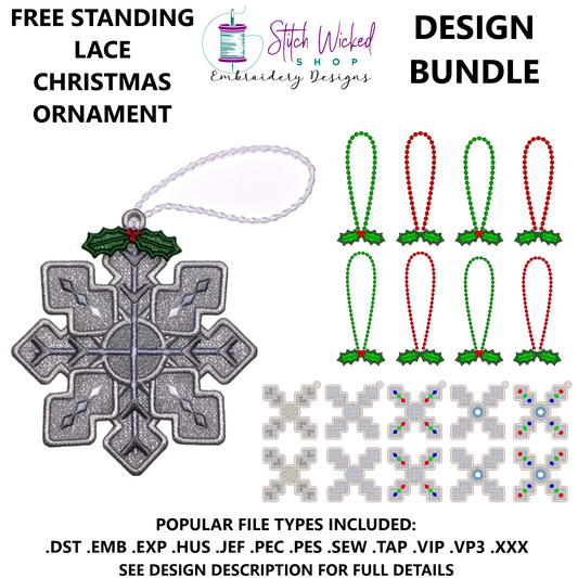 Free Standing Lace Snowflakes Embroidery Design Bundle With Holly Berry Ornament Hanger