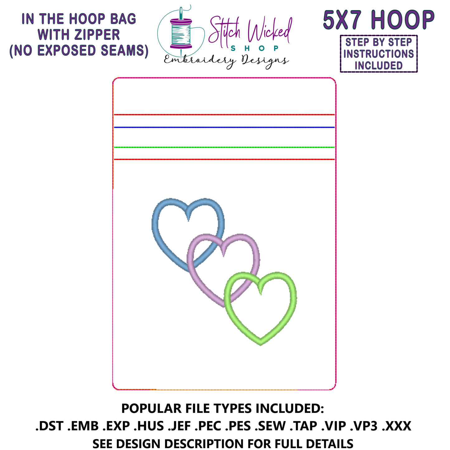 In the Hoop Bag Embroidery Design, Hearts 5X7 Fully Lined ITH Zipper Bag (No Exposed Seams)