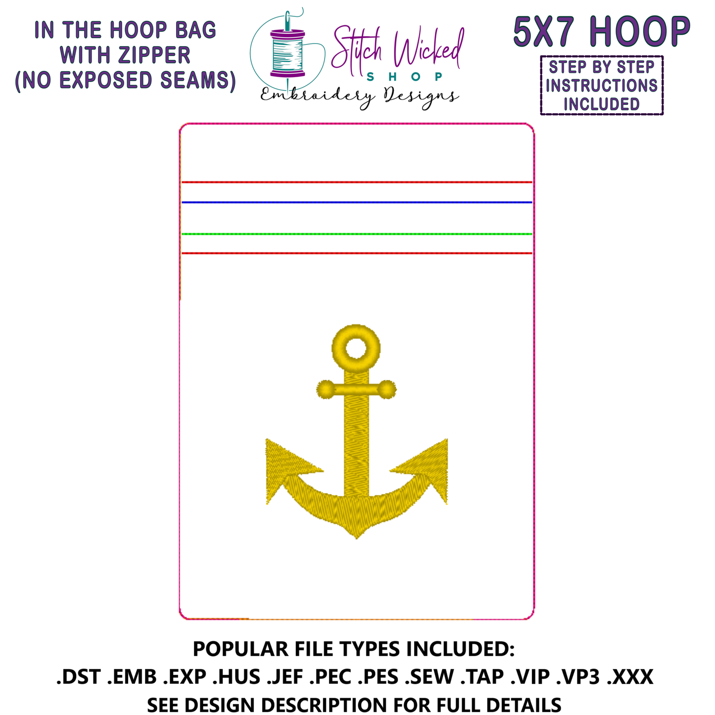 In the Hoop Bag Embroidery Design, Anchor 5X7 Fully Lined ITH Zipper Bag (No Exposed Seams)