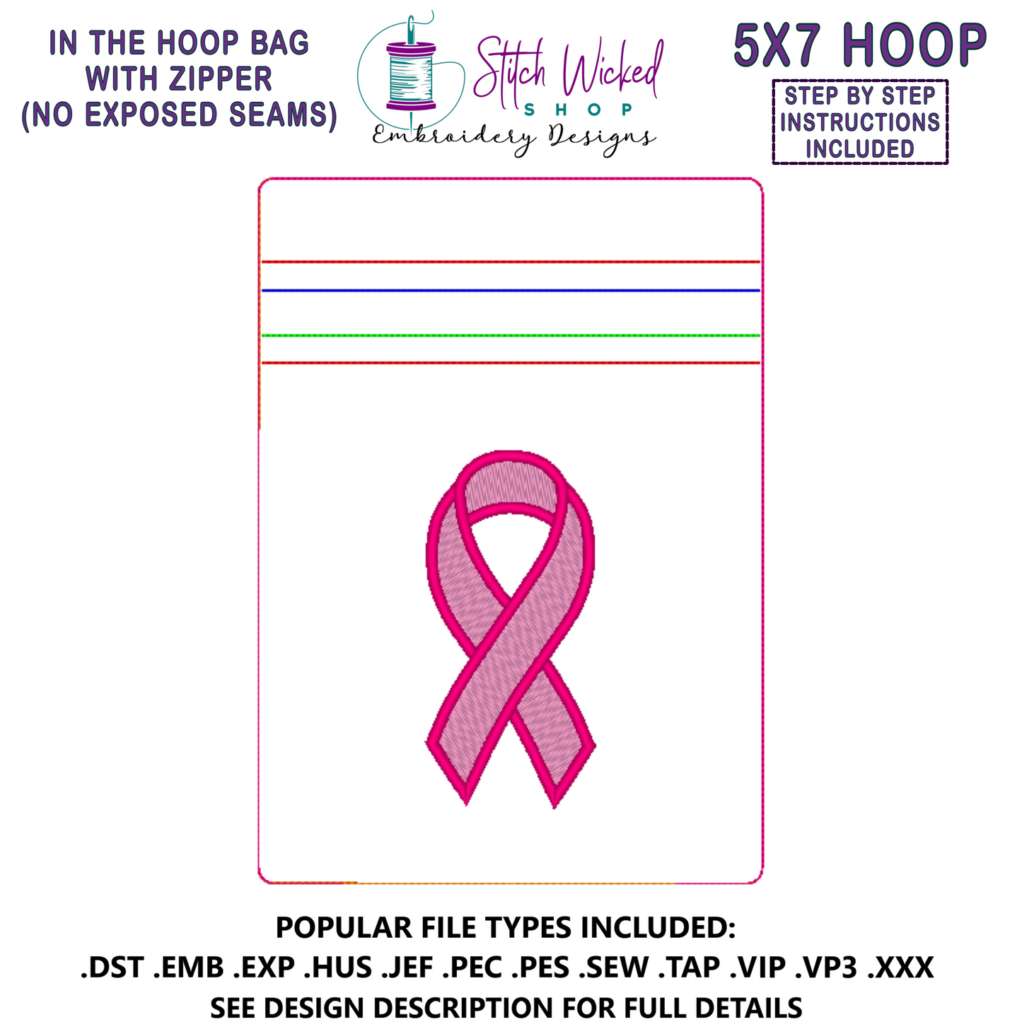 In the Hoop Bag Embroidery Design, Awareness Ribbon 5X7 Fully Lined ITH Zipper Bag (No Exposed Seams)