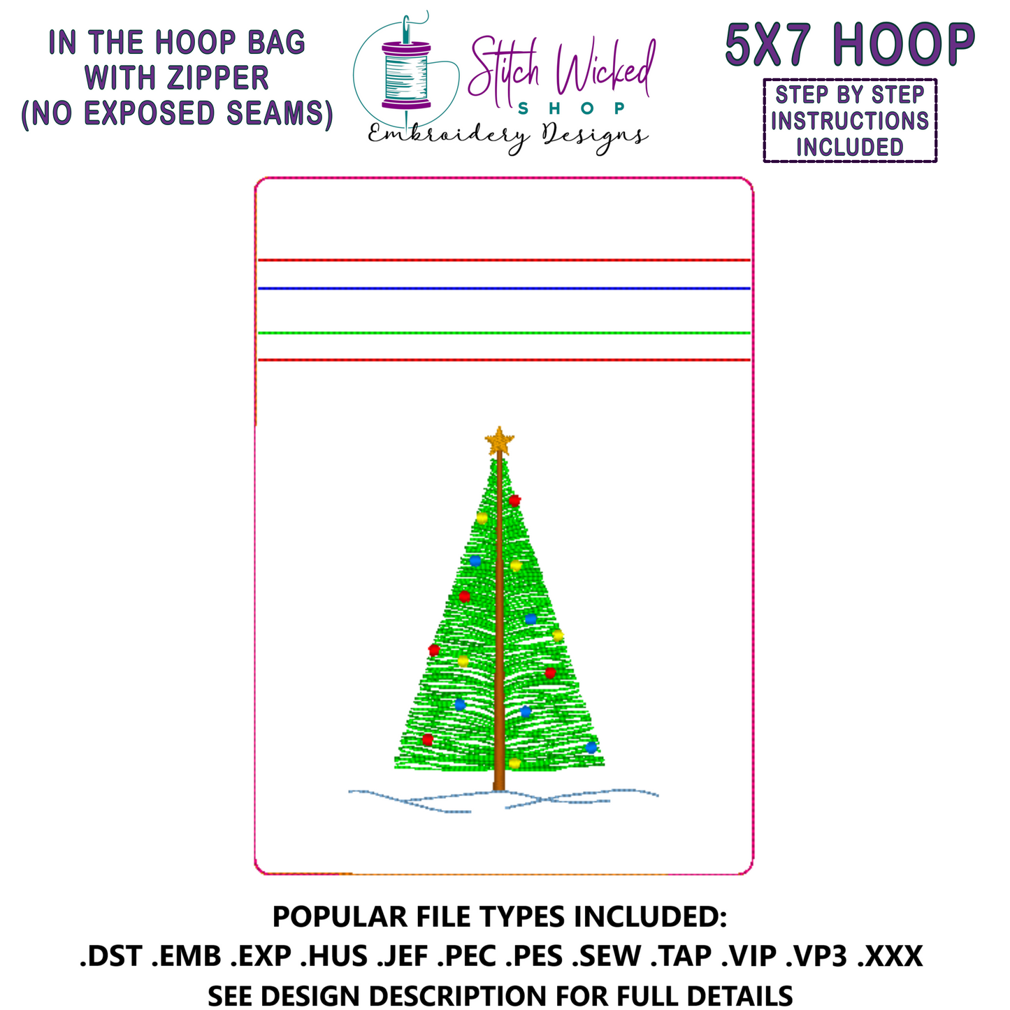 In the Hoop Bag Embroidery Design, Christmas Tree 5X7 Fully Lined ITH Zipper Bag (No Exposed Seams)