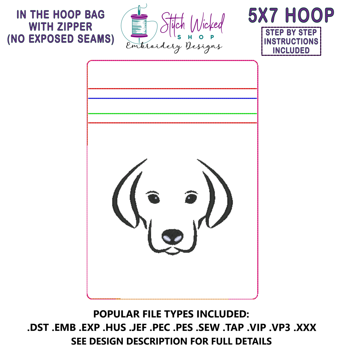 In the Hoop Bag Embroidery Design, I Dog Head 5 X 7 Fully Lined ITH Zipper Bag (No Exposed Seams)