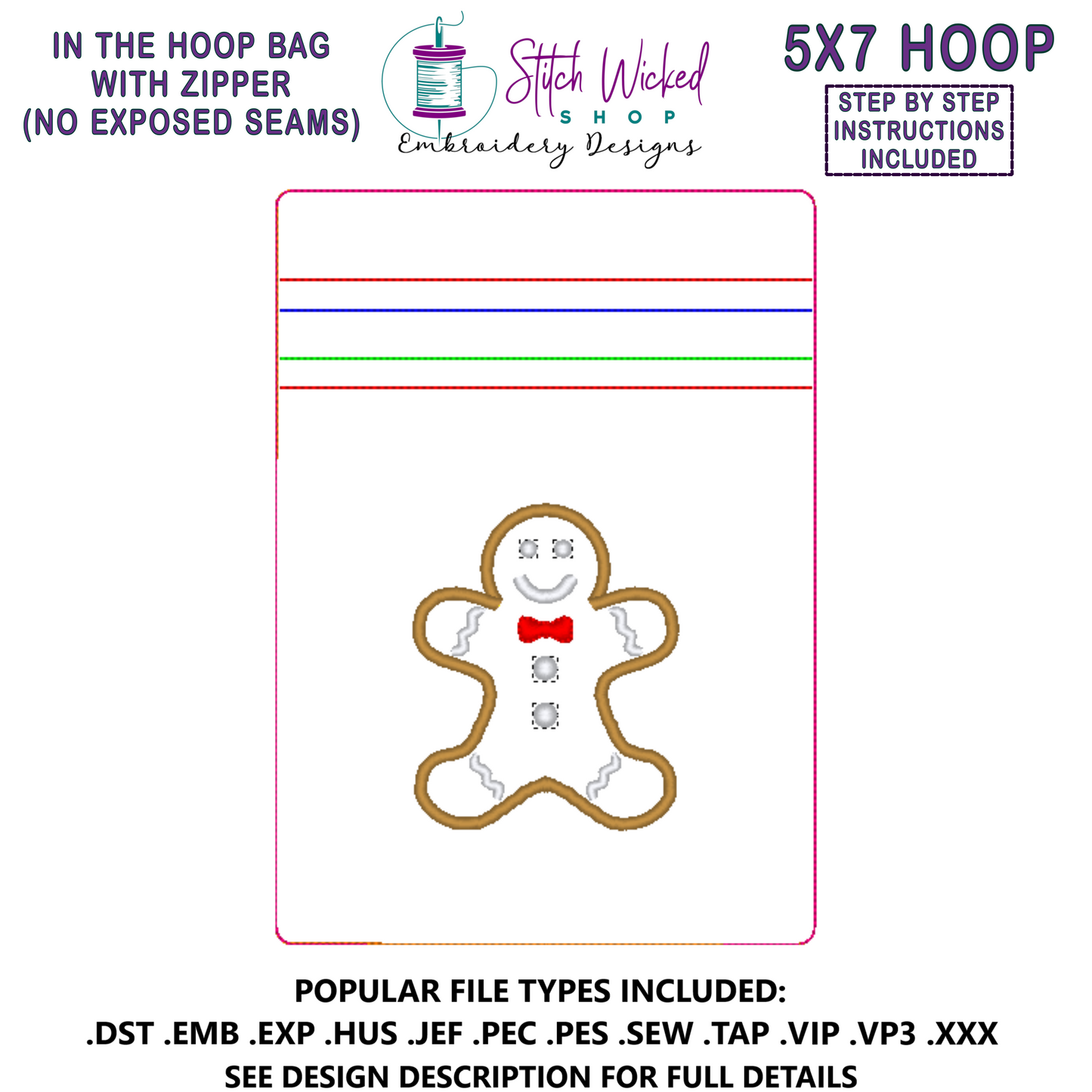 In the Hoop Bag Embroidery Design, Applique Gingerbread Man 5X7 Fully Lined ITH Zipper Bag (No Exposed Seams)