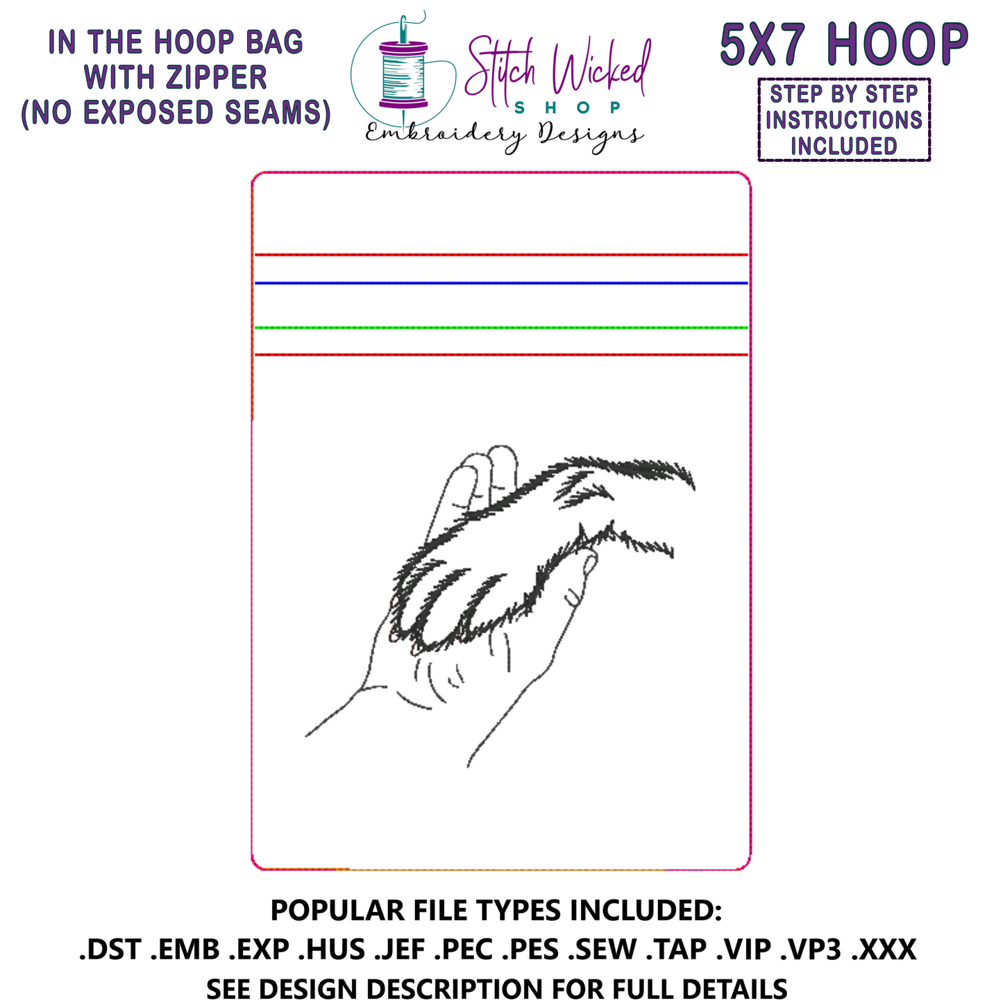 In the Hoop Bag Embroidery Design, Dog Paw With Hand 5X7 Fully Lined ITH Zipper Bag (No Exposed Seams)