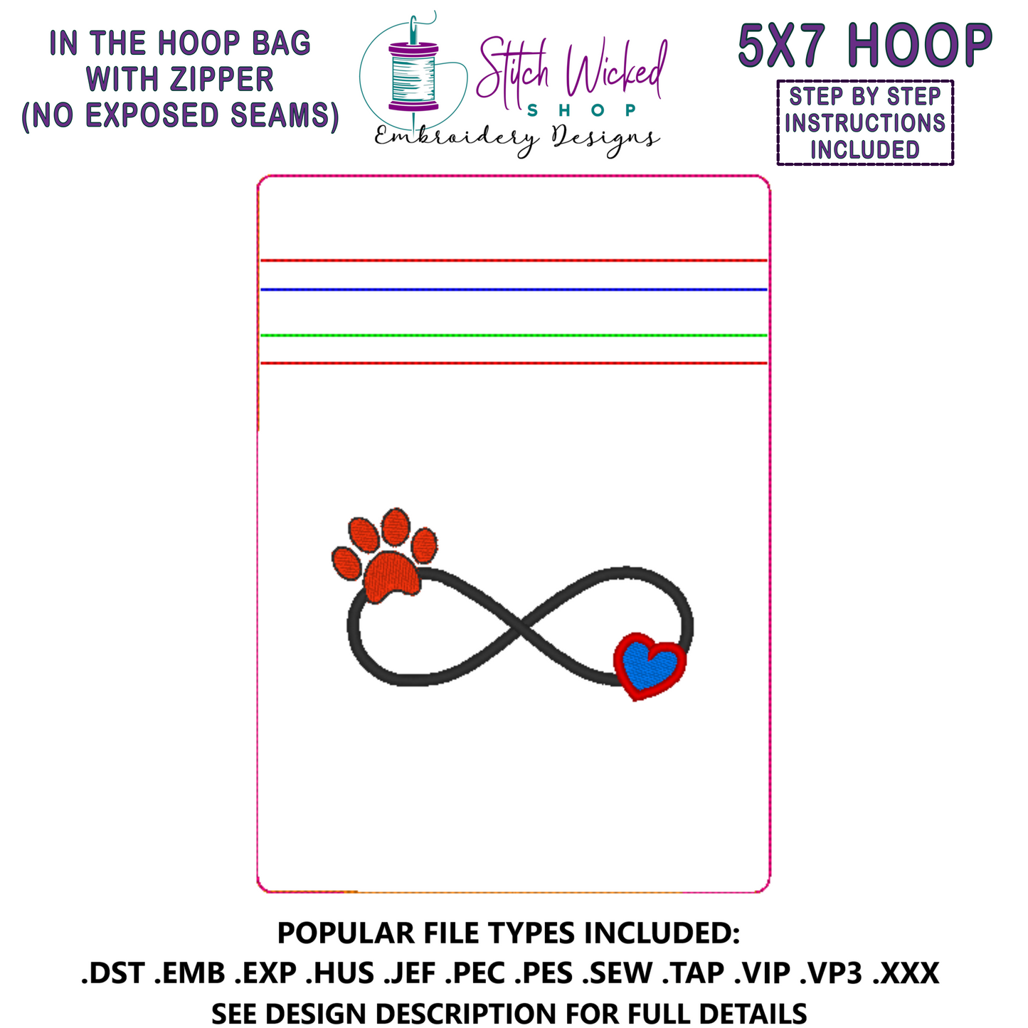 In the Hoop Bag Embroidery Design, Infinity Heart Paw 5X7 Fully Lined ITH Zipper Bag (No Exposed Seams)