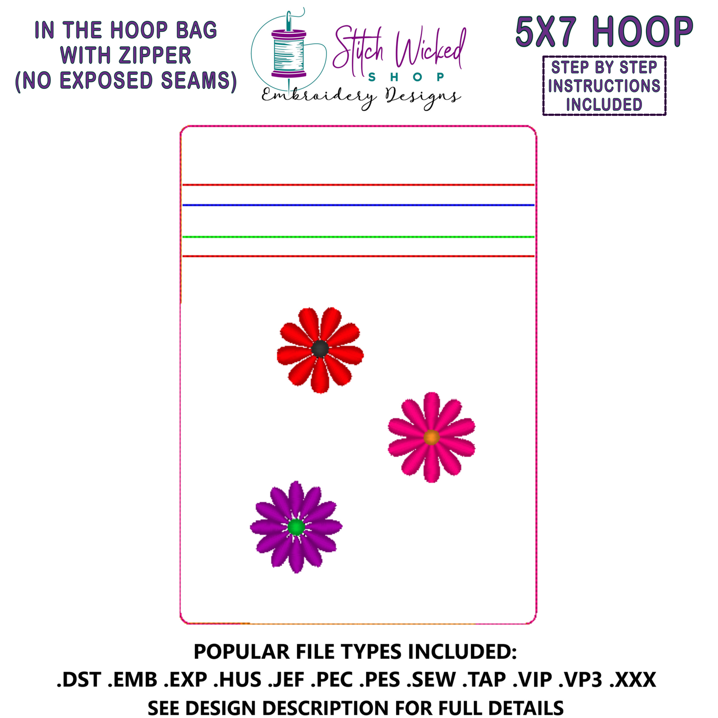 In the Hoop Bag Embroidery Design, Mini Flowers 5X7 Fully Lined ITH Zipper Bag (No Exposed Seams)