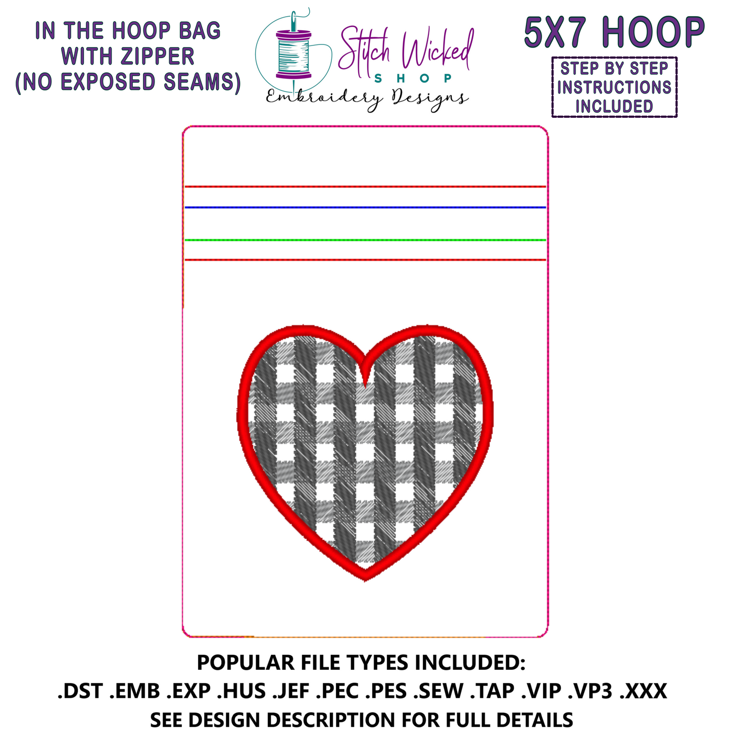 In the Hoop Bag Embroidery Design, Plaid Applique Heart Fully 5X7 Lined ITH Zipper Bag (No Exposed Seam)
