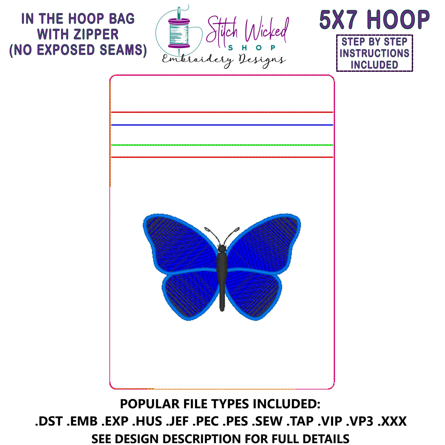 In the Hoop Bag Embroidery Design, Butterfly 5X7 Fully Lined ITH Zipper Bag (No Exposed Seams)