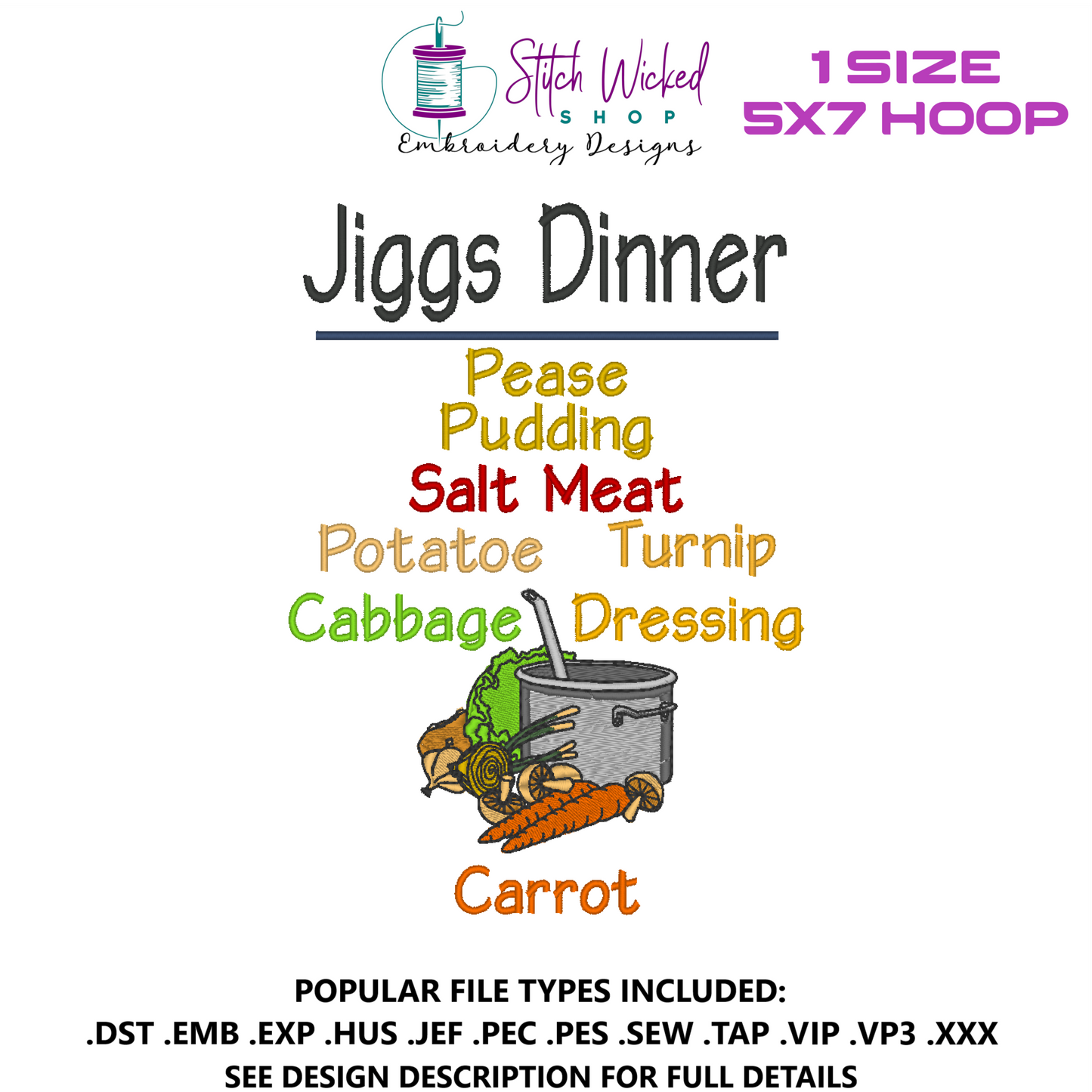 Jigg's Dinner Ingredients Kitchen Towel Design, Funny Kitchen Tea Towel Embroidery , 5 X 7 Hoop