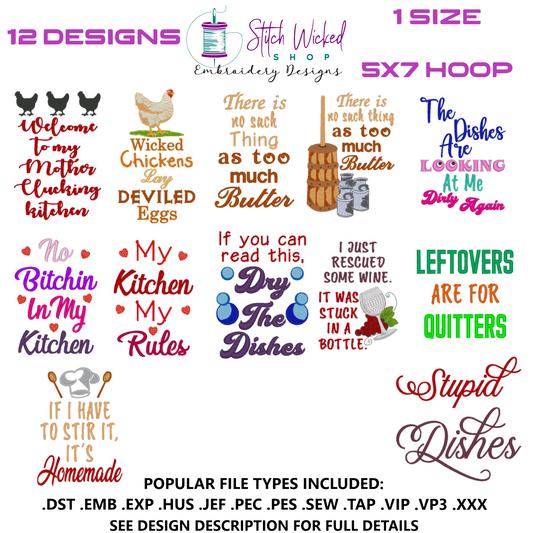 Funny Kitchen Towel Embroidery Design Bundle, 12 Designs for 5 X 7 Hoop