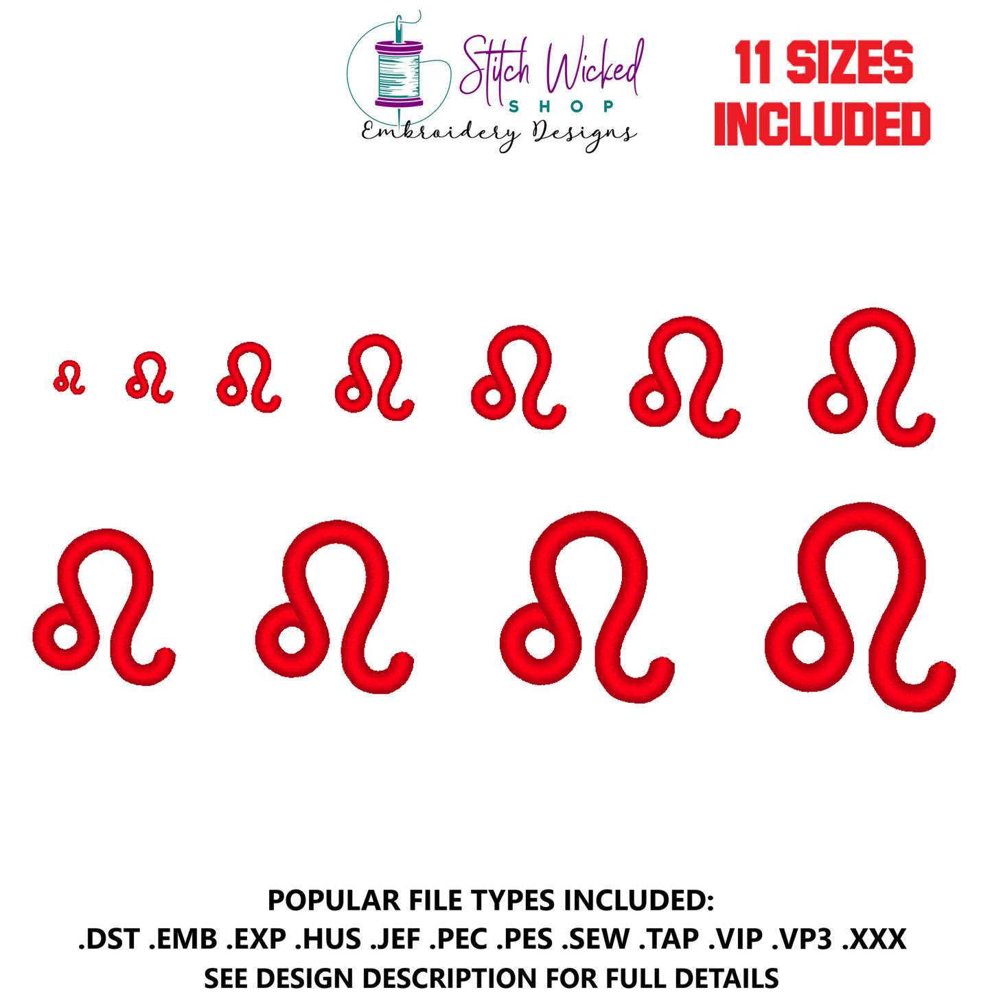 Leo Mini Satin Stitch Zodiac Symbol Embroidery Design