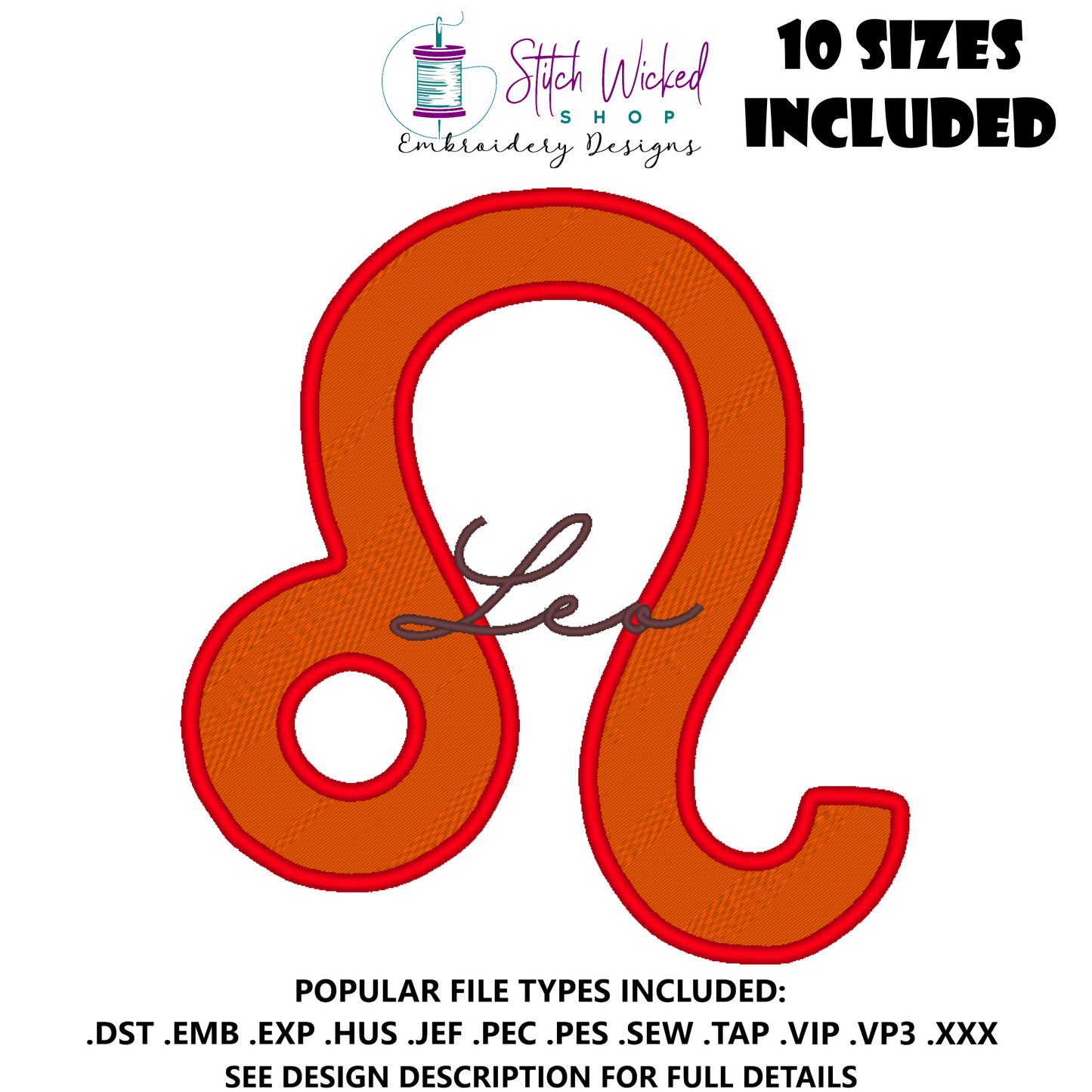 Leo Zodiac Embroidery Design, Astrology Script Design - Stitch Wicked Shop