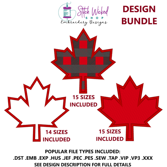 Maple Leaf Embroidery Design Bundle, Applique, Fill Stitch, Plaid Canada Maple Leaf