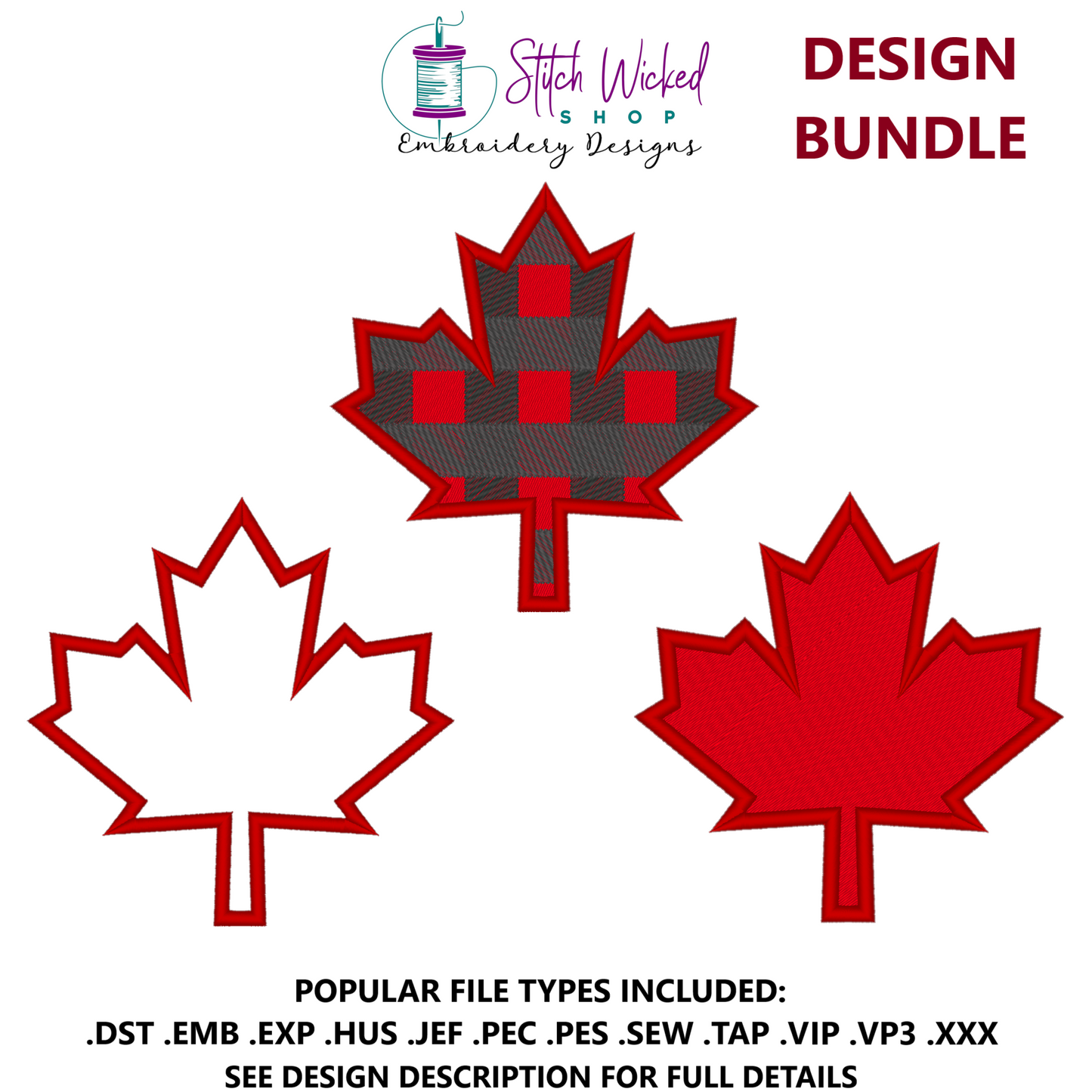 Maple Leaf Embroidery Design Bundle, Applique, Fill Stitch, Plaid Canada Maple Leaf