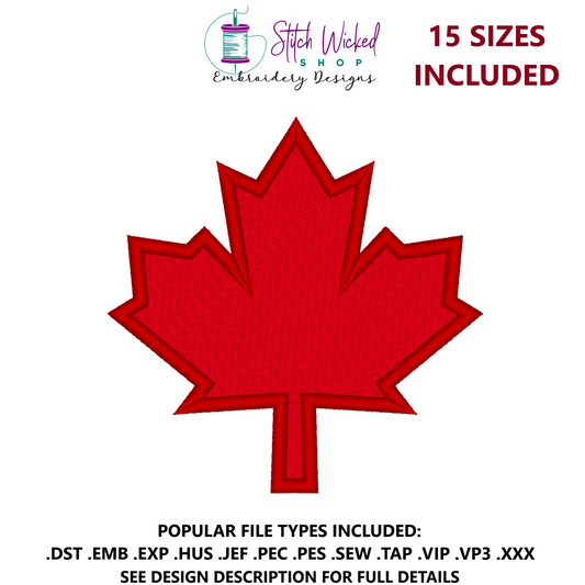 Maple Leaf Embroidery Design, Fill Stitch Canada Maple Leaf Machine Embroidery, 15 Sizes Included