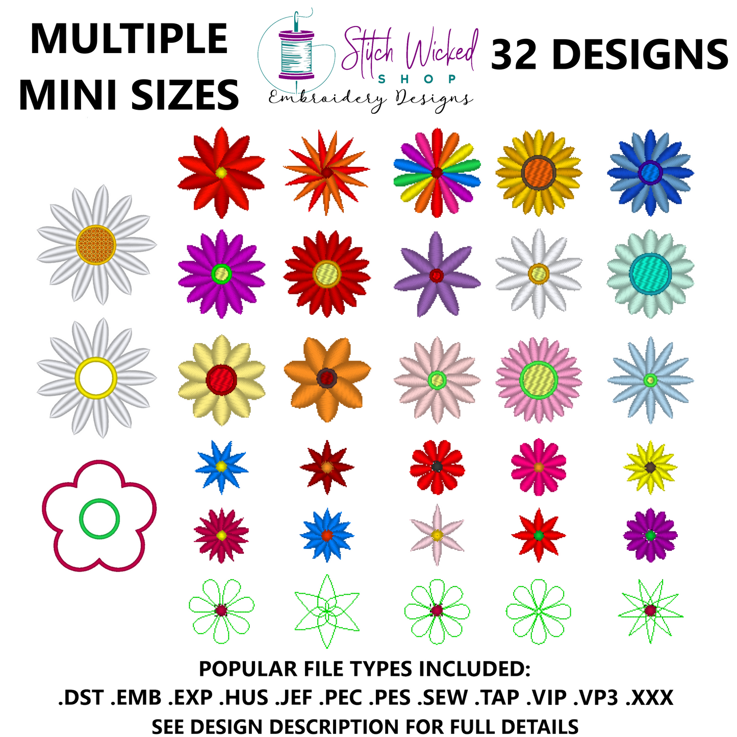 Mini Boho Flowers Design Bundle, 32 Designs
