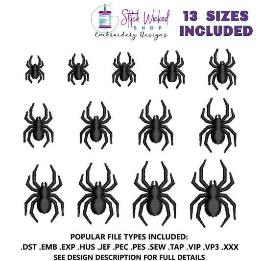 Mini Satin Stitch Spider Embroidery Design, 13 Sizes Included