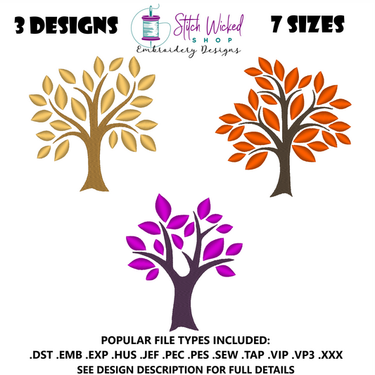 Elegant Tree Machine Embroidery Design Bundle, 3 Designs With 7 Sizes