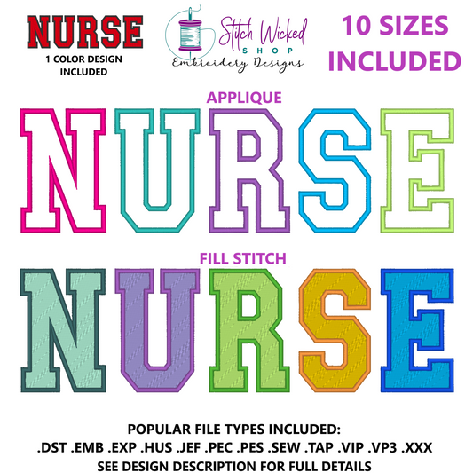Nurse Varsity Embroidery Design Bundle, Fill Stitch And Applique Designs, 10 Sizes