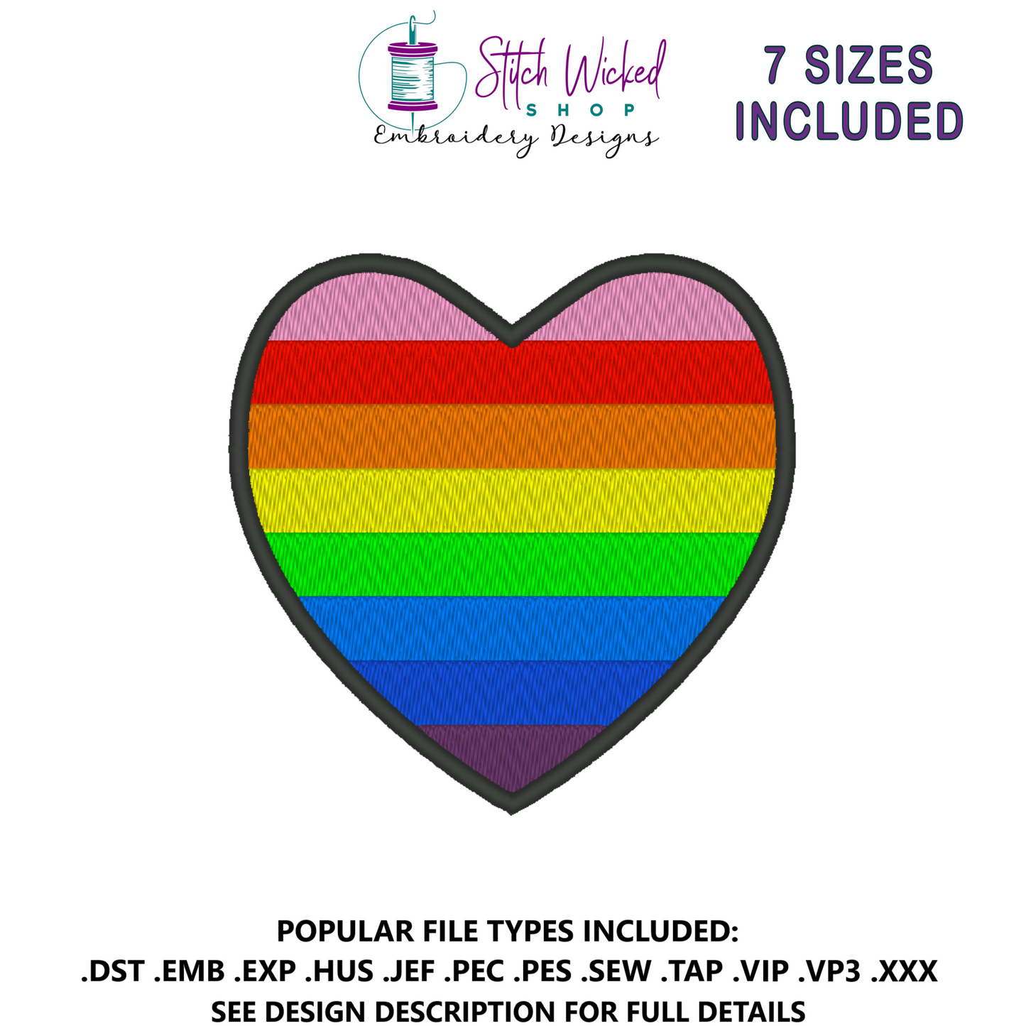 Original Pride Flag Heart Embroidery Design, Heart Pride Flag Patch, 7 Sizes Included