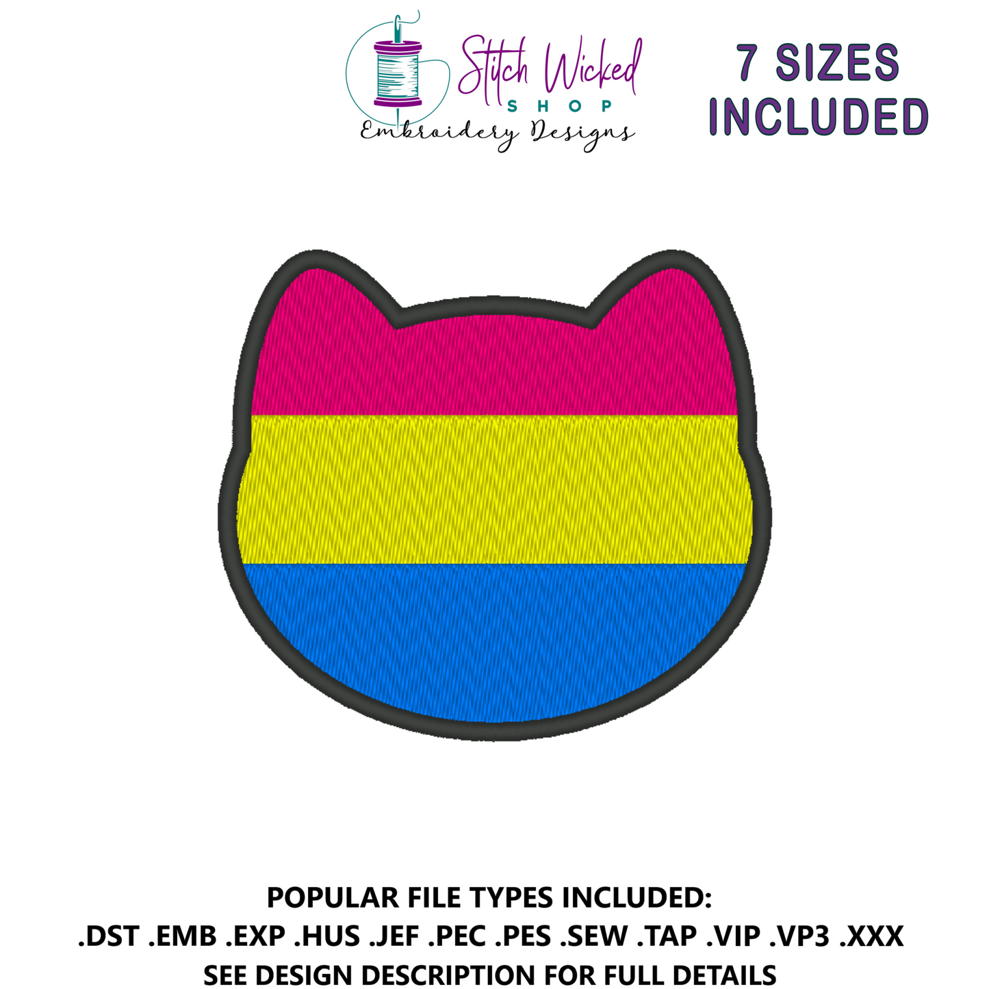 Pansexual Purride Flag Embroidery Design, Cat Pride Flag Patch, 7 Sizes Included
