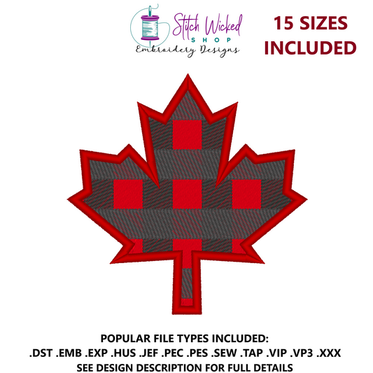 Maple Leaf Embroidery Design Bundle, Applique, Fill Stitch, Plaid Canada Maple Leaf