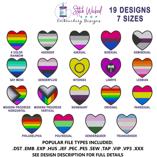 Heart Pride Flags Embroidery Design Bundle, Patch Embroidery Design Bundle, 19 designs With 7 Sizes