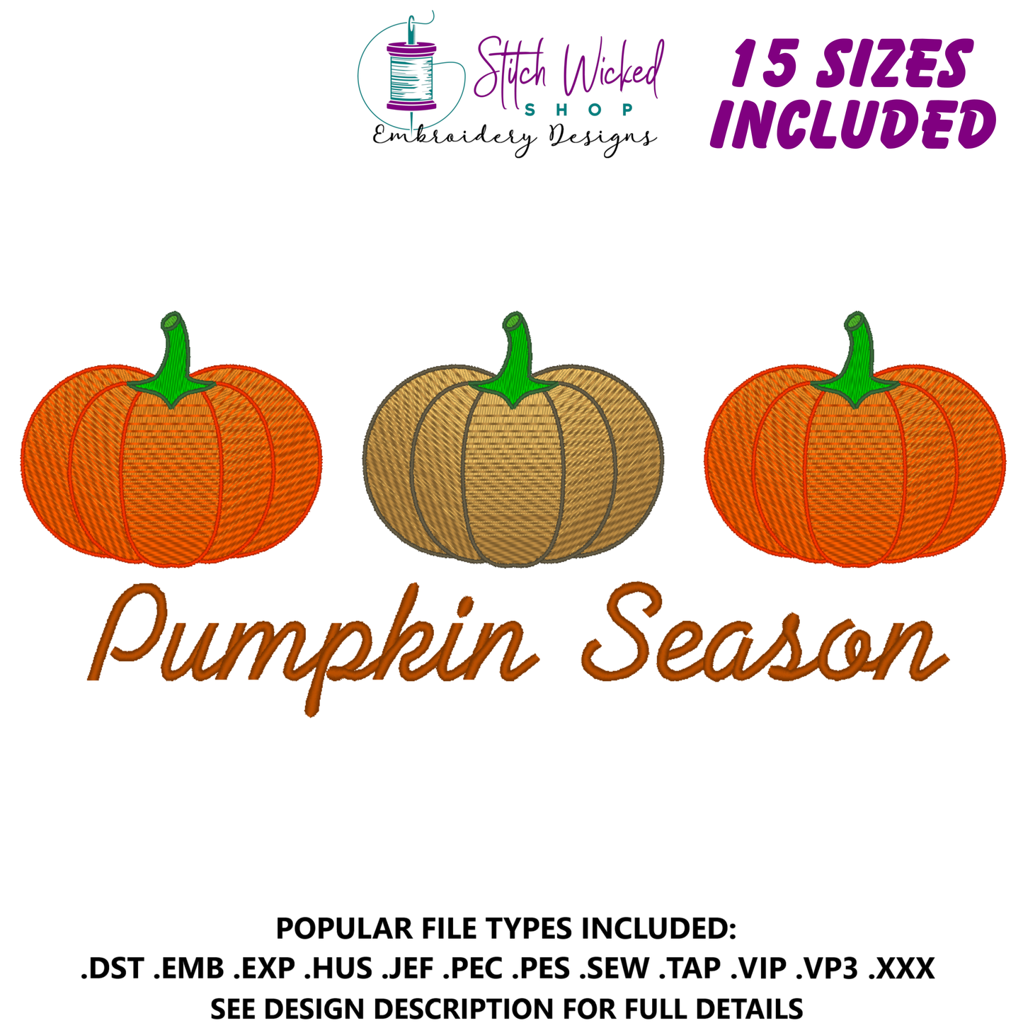 Pumpkin Season Embroidery Design With 3 Pumpkins