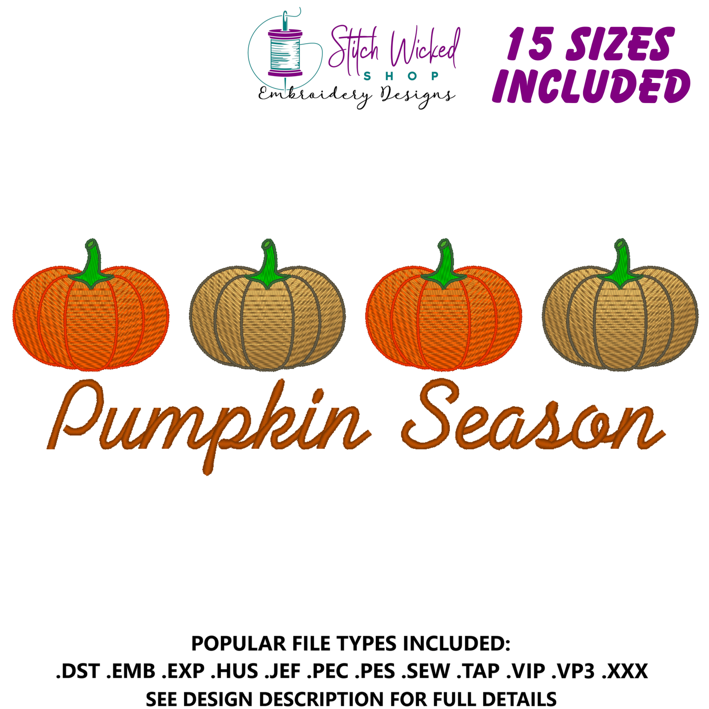 Pumpkin Season Embroidery Design With 4 Pumpkins