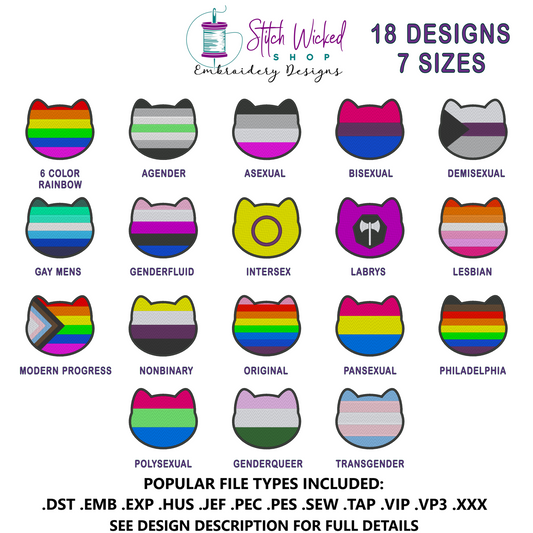 Purride Cat Flags Embroidery Design Bundle, Pride Flag Patch Embroidery Design Bundle, 18 Designs With 7 Sizes