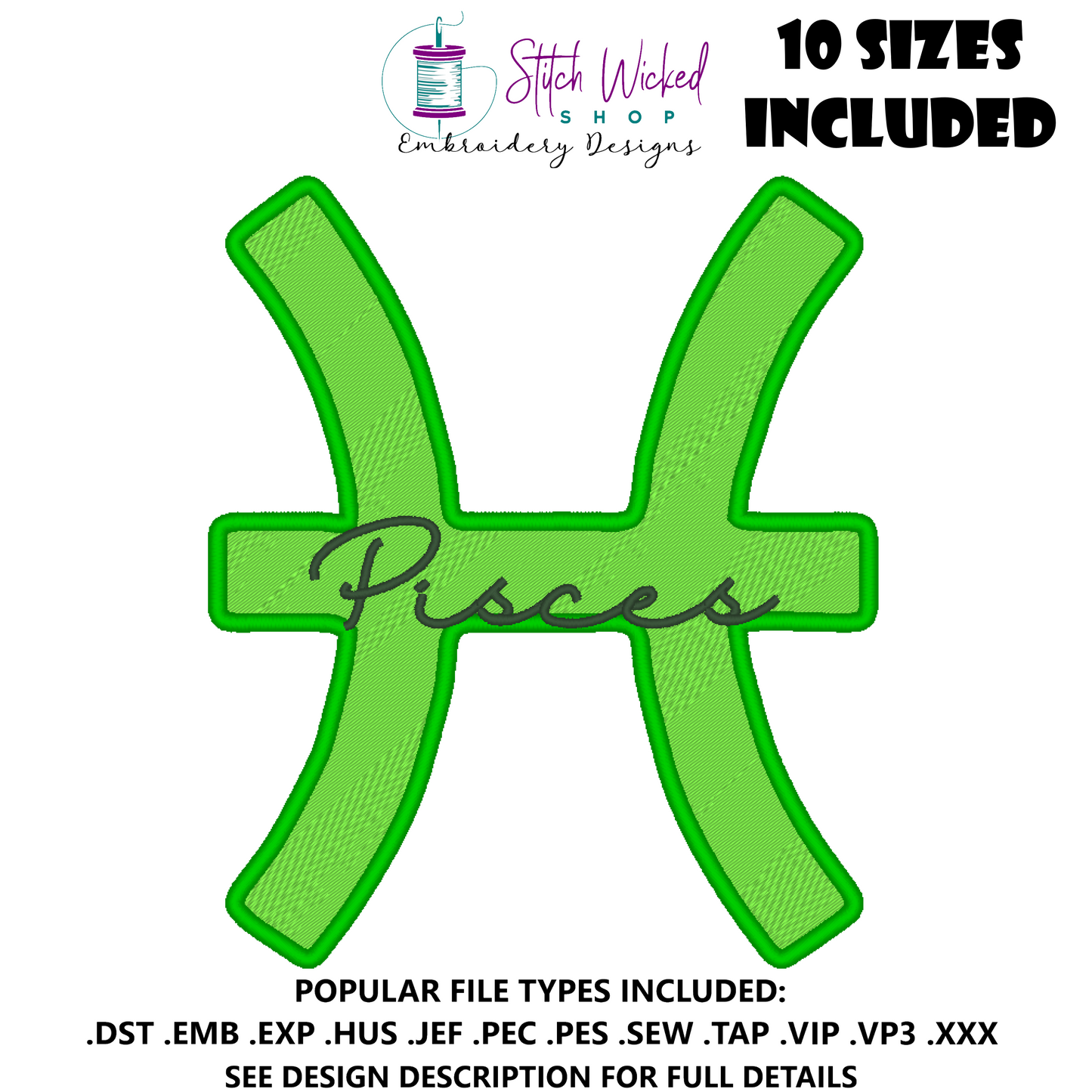 Pisces Zodiac Embroidery Design, Astrology Script Design