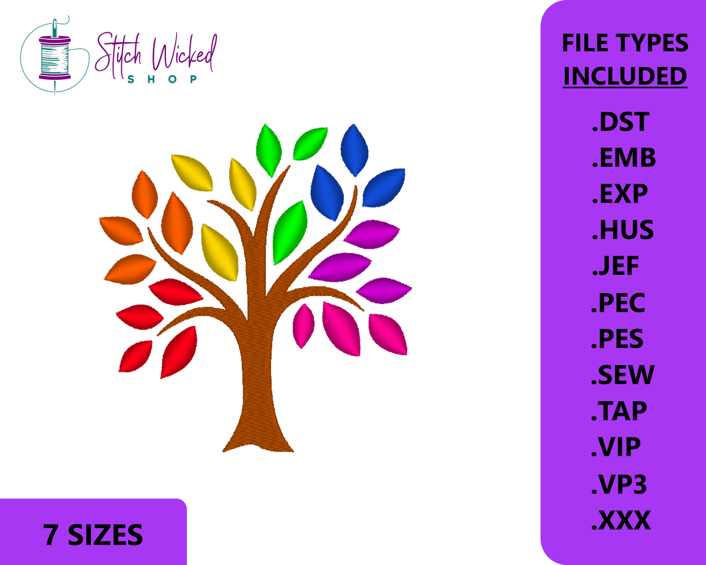 Elegant Rainbow Tree Embroidery Design